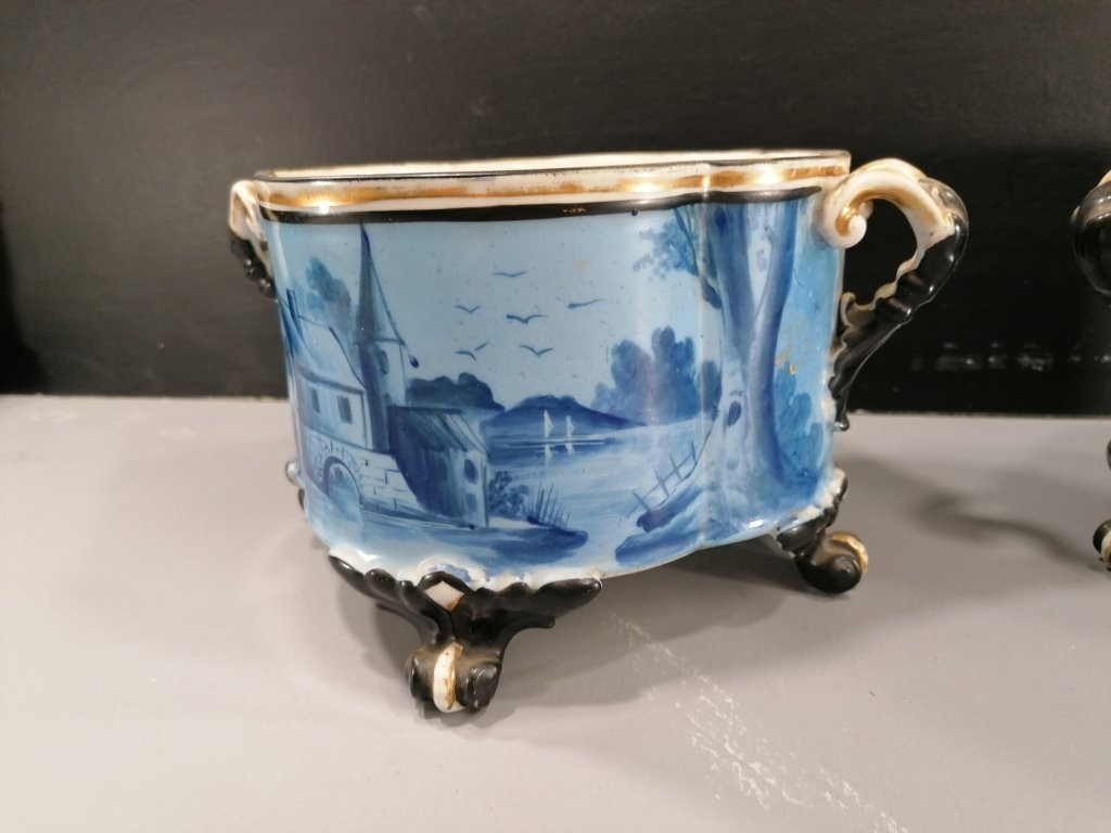 PAIRE DE CACHE POTS – VIEUX PARIS – XIX ème –  PORCELAINE EMAILLE PEINT ET DORE -photo-4