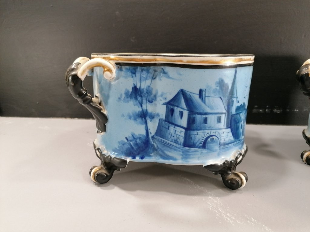 PAIRE DE CACHE POTS – VIEUX PARIS – XIX ème –  PORCELAINE EMAILLE PEINT ET DORE -photo-5
