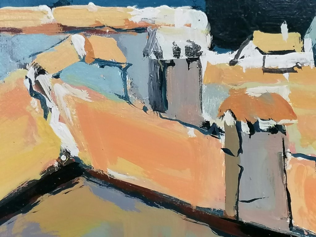Oil Painting, "the Roofs Of The Village Of Lunas" - Southern France - Mr. Louis Pignataro-photo-1