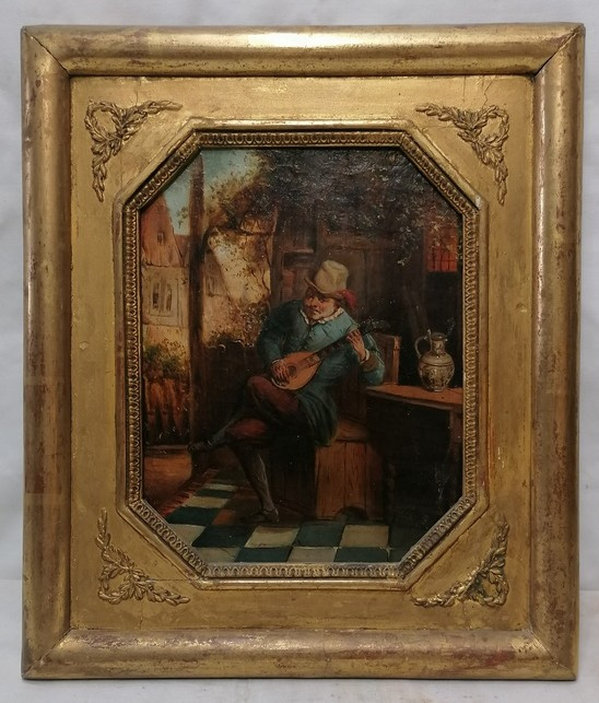 Peinture à l'huile sur toile - Le Joueur de Mandoline - XIXème – Signature à vérifier-photo-2