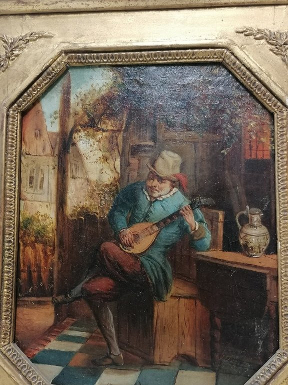 Peinture à l'huile sur toile - Le Joueur de Mandoline - XIXème – Signature à vérifier-photo-3