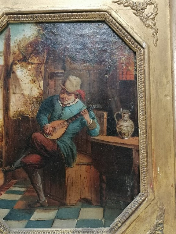 Peinture à l'huile sur toile - Le Joueur de Mandoline - XIXème – Signature à vérifier-photo-4