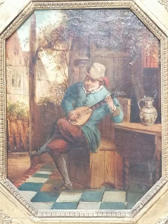 Peinture à l'huile sur toile - Le Joueur de Mandoline - XIXème – Signature à vérifier-photo-1