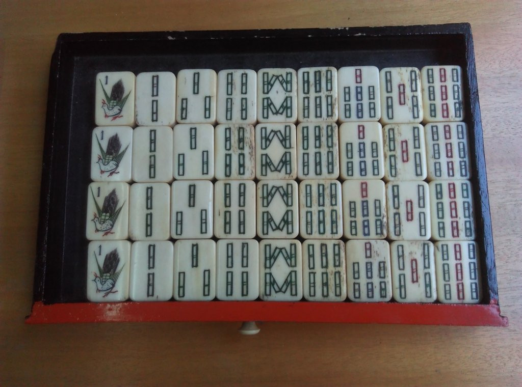 Mah-jong Games - 20th Century Vermilion Lacquer Box With All Tiles-photo-2