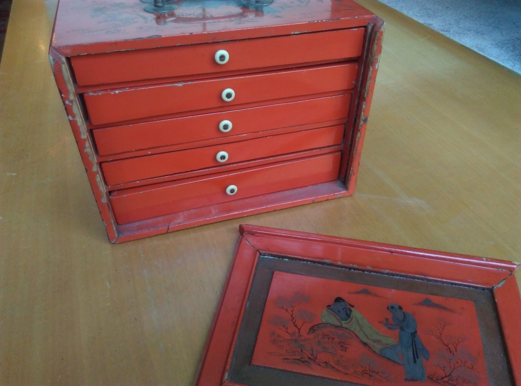 Mah-jong Games - 20th Century Vermilion Lacquer Box With All Tiles