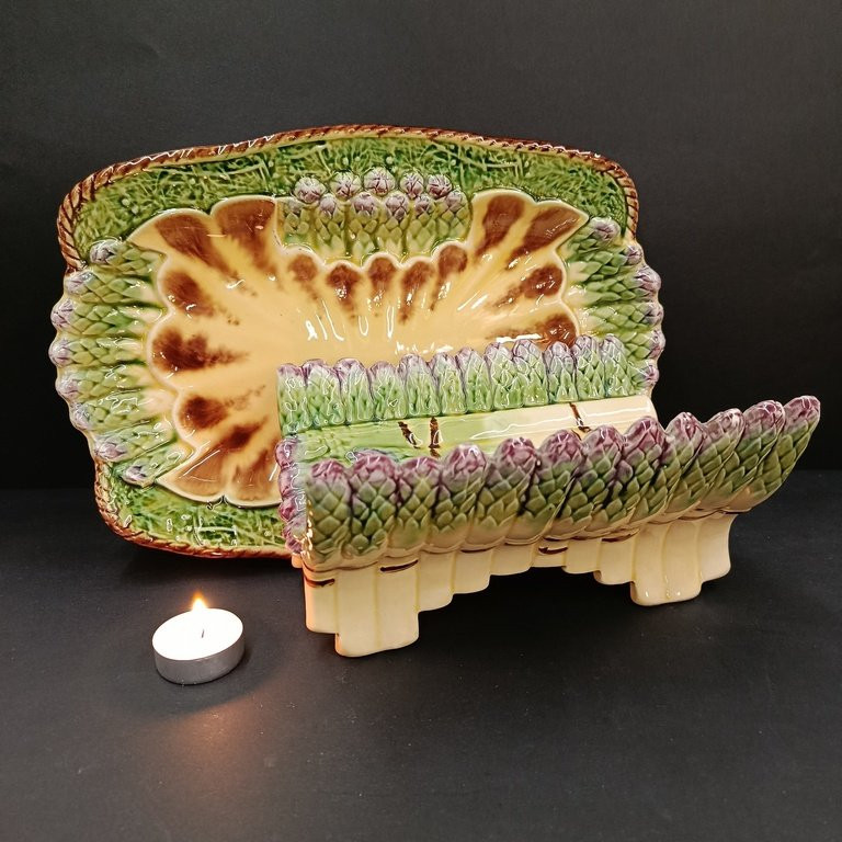 Set Of Two Asparagus Dishes - Majolica - Barbotine - Longchamp - 19th - 20th Century-photo-3