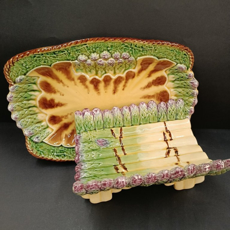 Set Of Two Asparagus Dishes - Majolica - Barbotine - Longchamp - 19th - 20th Century-photo-4