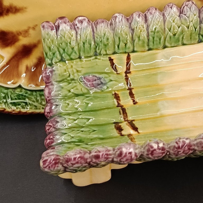Set Of Two Asparagus Dishes - Majolica - Barbotine - Longchamp - 19th - 20th Century-photo-1