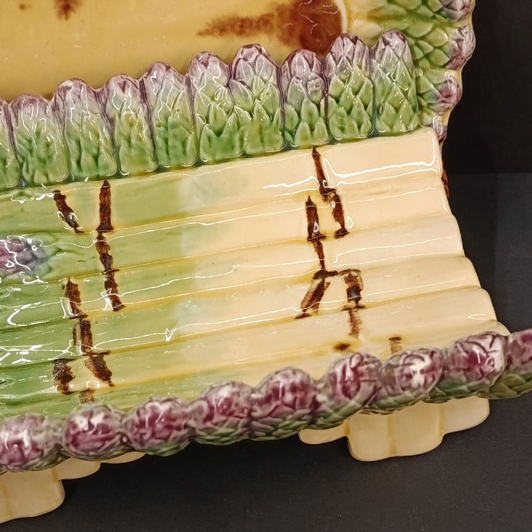 Set Of Two Asparagus Dishes - Majolica - Barbotine - Longchamp - 19th - 20th Century-photo-2