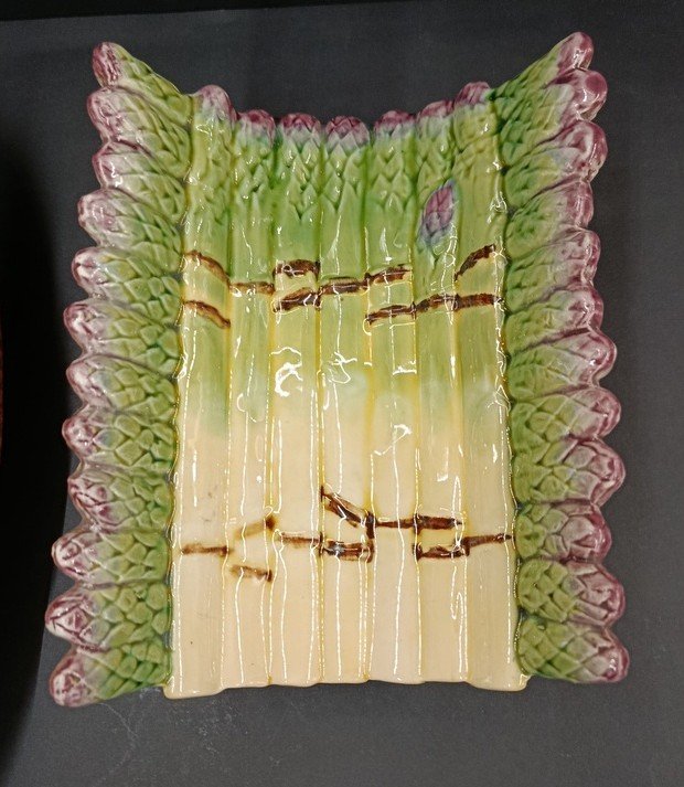 Set Of Two Asparagus Dishes - Majolica - Barbotine - Longchamp - 19th - 20th Century-photo-3