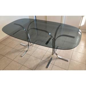 Oval Smoked Glass Table – Chrome Base – Design 1960 – 1970