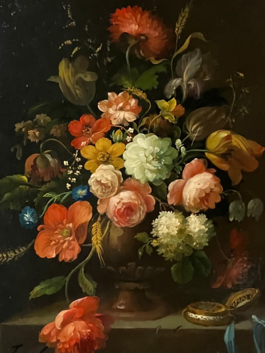 Oil On Canvas In The Dutch Style Still Life With A Bouquet Of Flowers Signed Jord-photo-2