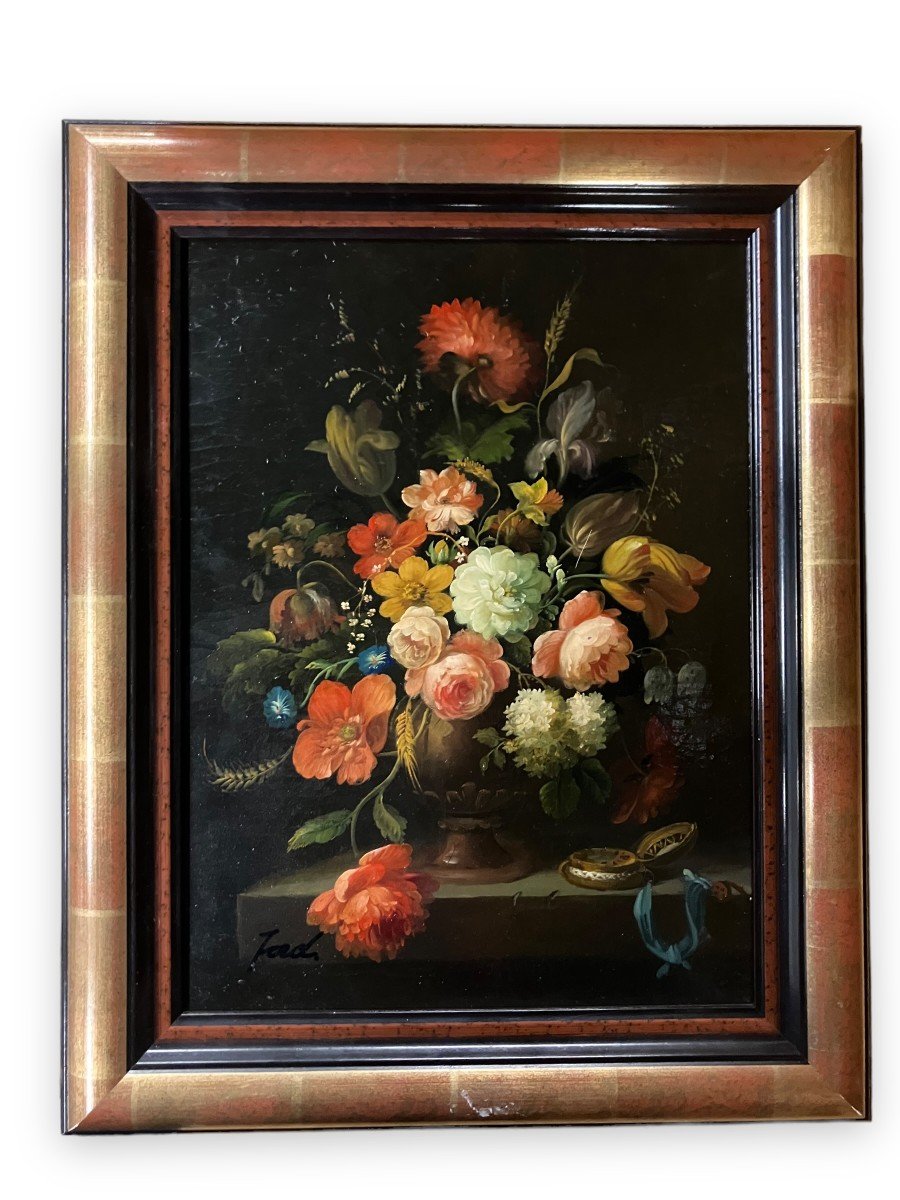 Oil On Canvas In The Dutch Style Still Life With A Bouquet Of Flowers Signed Jord-photo-3