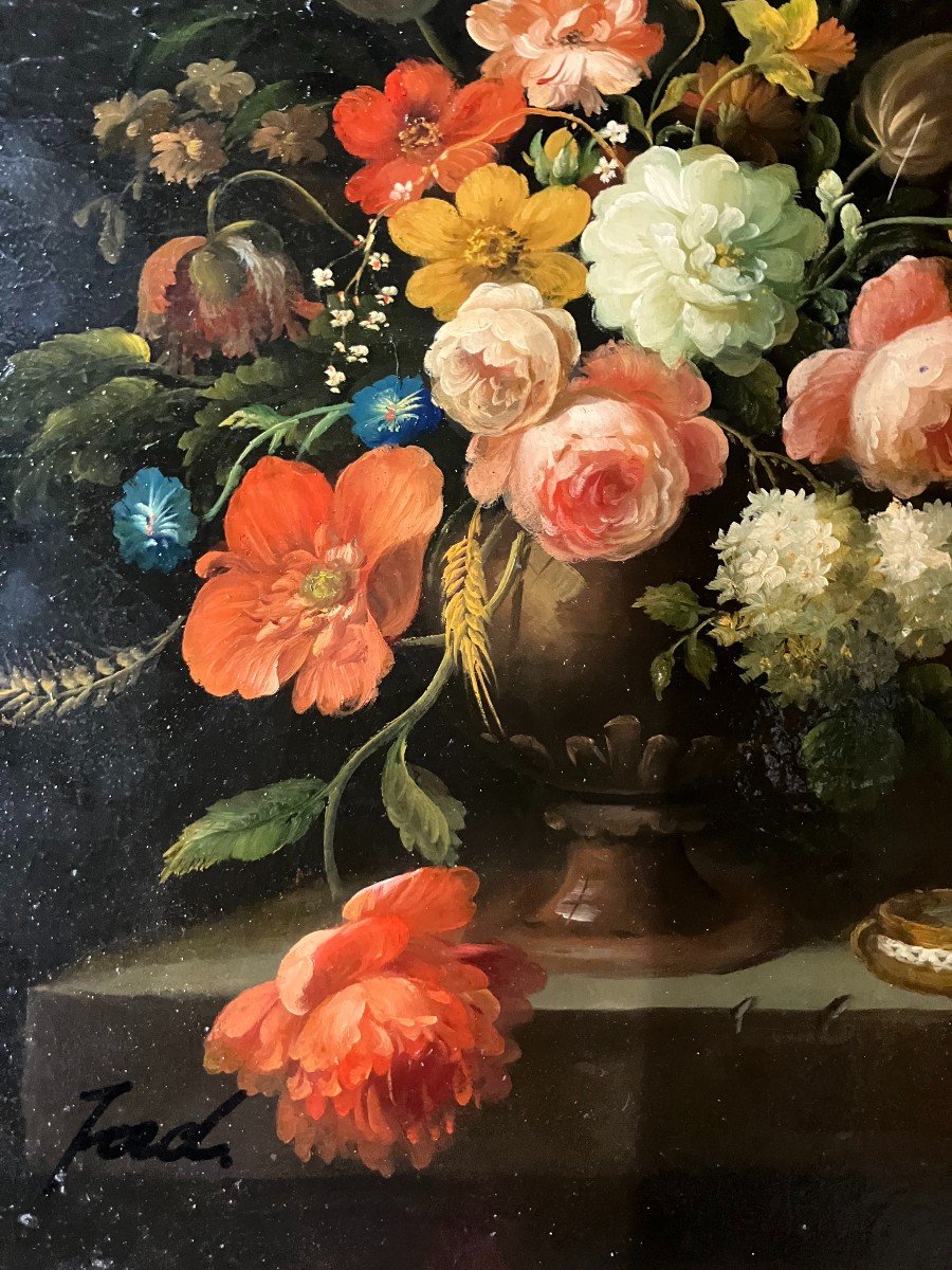 Oil On Canvas In The Dutch Style Still Life With A Bouquet Of Flowers Signed Jord-photo-1
