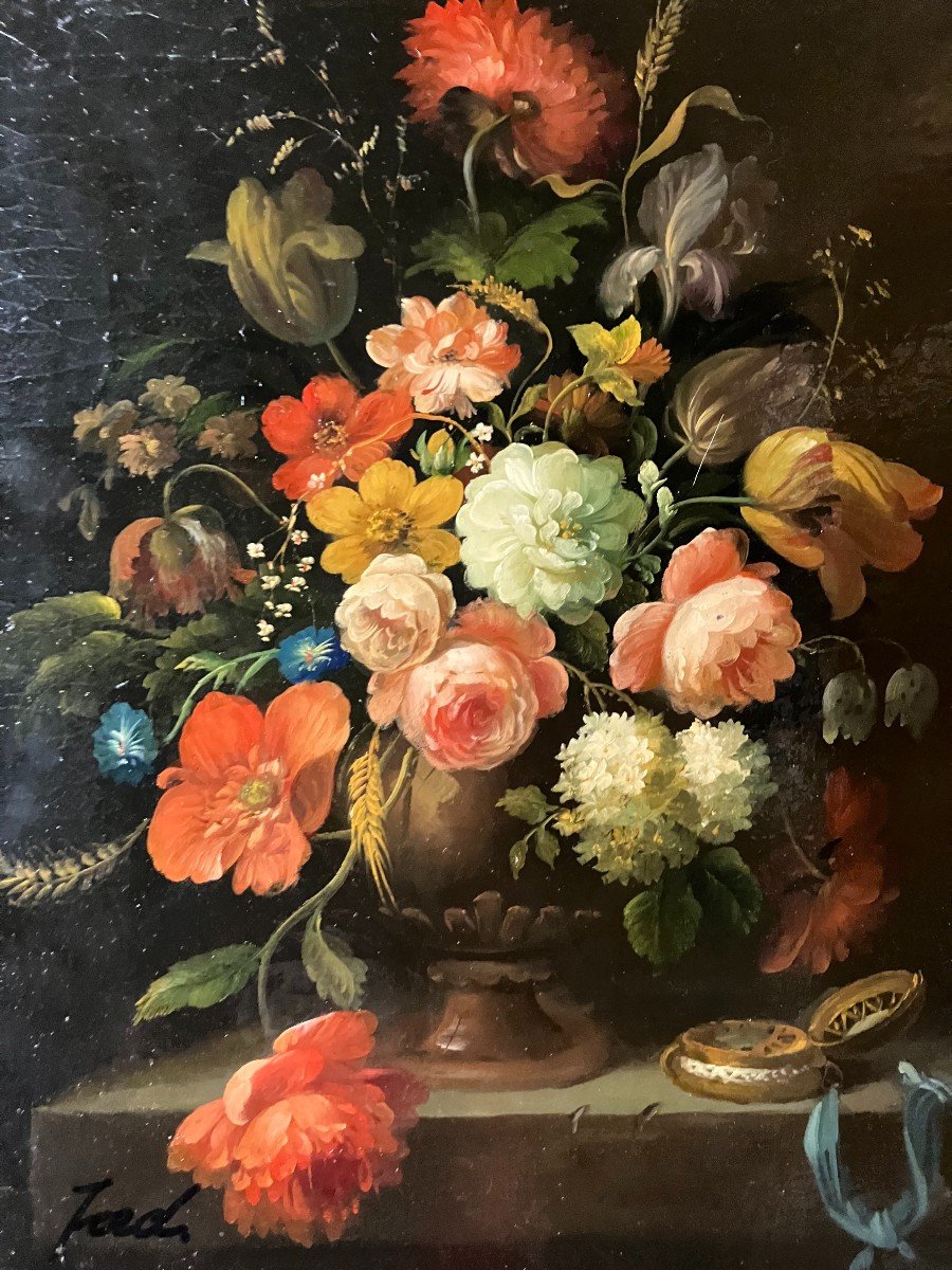 Oil On Canvas In The Dutch Style Still Life With A Bouquet Of Flowers Signed Jord-photo-2