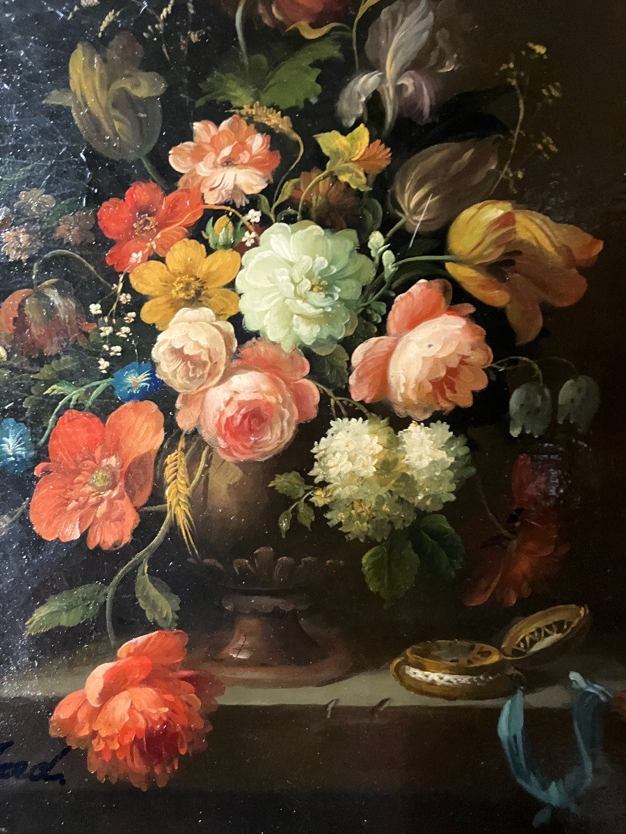 Oil On Canvas In The Dutch Style Still Life With A Bouquet Of Flowers Signed Jord-photo-4
