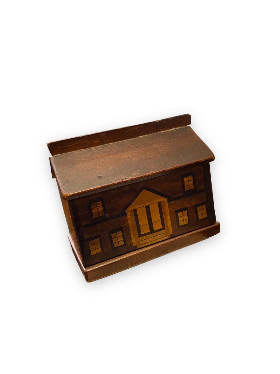 Folk Art Piggy Bank Forming House In Wood Marquetry-photo-3