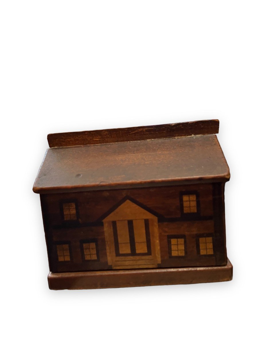 Folk Art Piggy Bank Forming House In Wood Marquetry-photo-4
