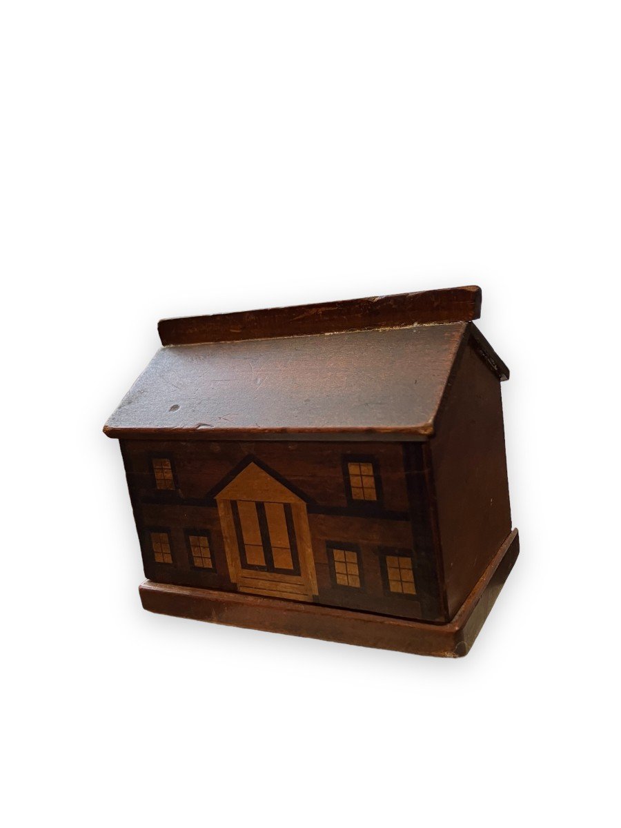 Folk Art Piggy Bank Forming House In Wood Marquetry-photo-5