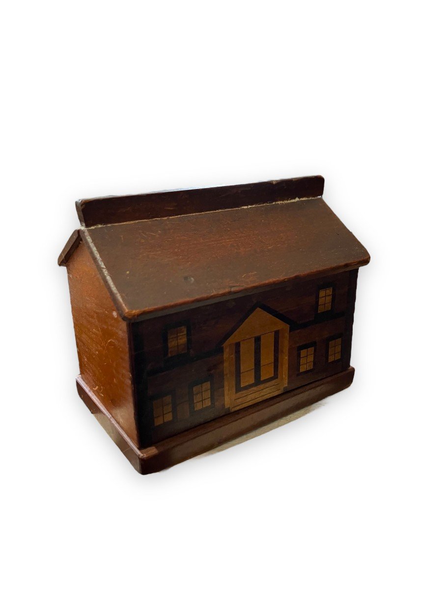 Folk Art Piggy Bank Forming House In Wood Marquetry-photo-6