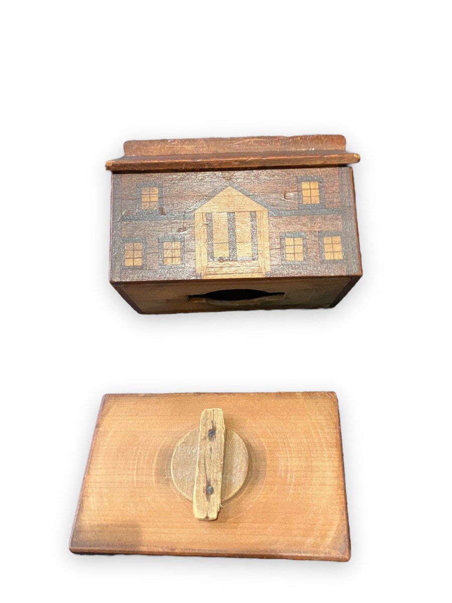 Folk Art Piggy Bank Forming House In Wood Marquetry-photo-7