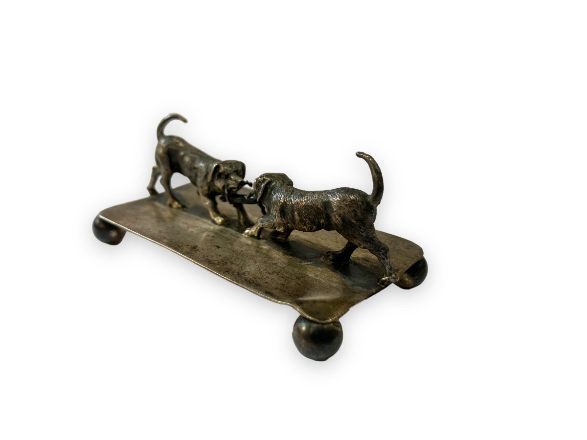 Chiens Jouant Petit Sujet En Argent Massif XIXeme-photo-7