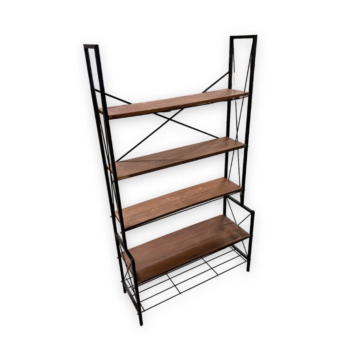 Vintage Italian Shelf Bookcase In Teak And Black Lacquered Metal Circa 1950-photo-6