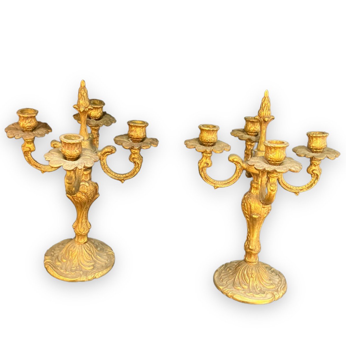 Pair Of Candlesticks With Four Branches In Golden Brass