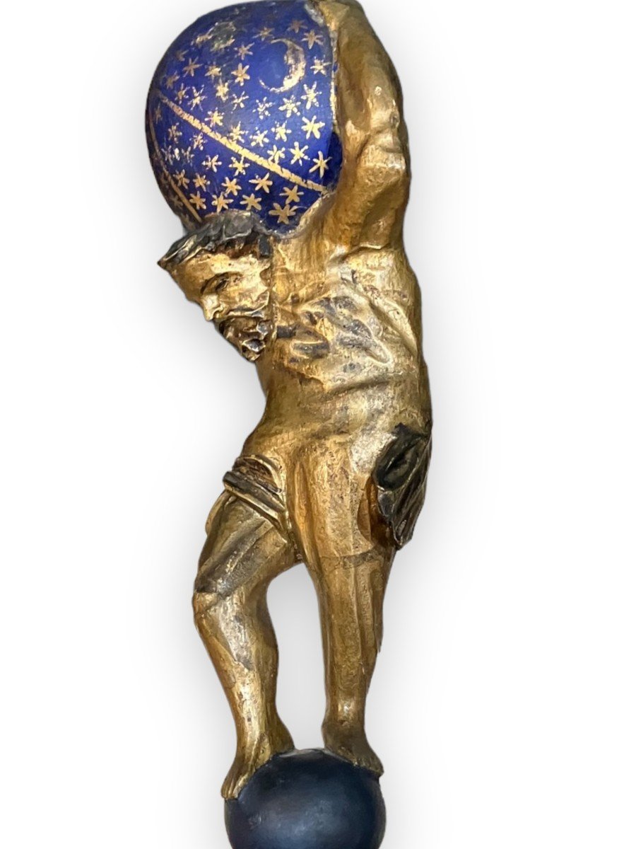 XIXth Statue Representative Atlas Carrying The World In Golden And Polychrome Wood-photo-4