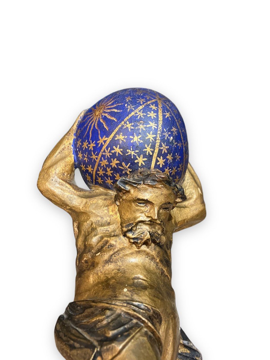 XIXth Statue Representative Atlas Carrying The World In Golden And Polychrome Wood-photo-7