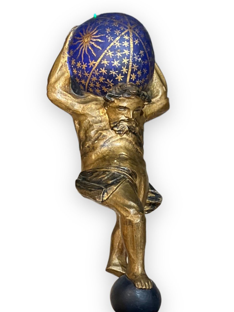 XIXth Statue Representative Atlas Carrying The World In Golden And Polychrome Wood