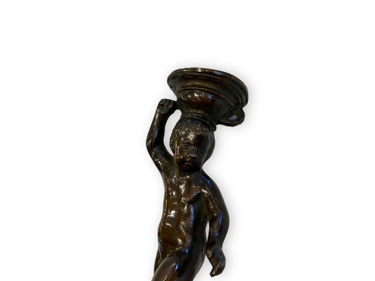 Ancien Bougeoir En Bronze XIXeme Putto à La Coupe-photo-7