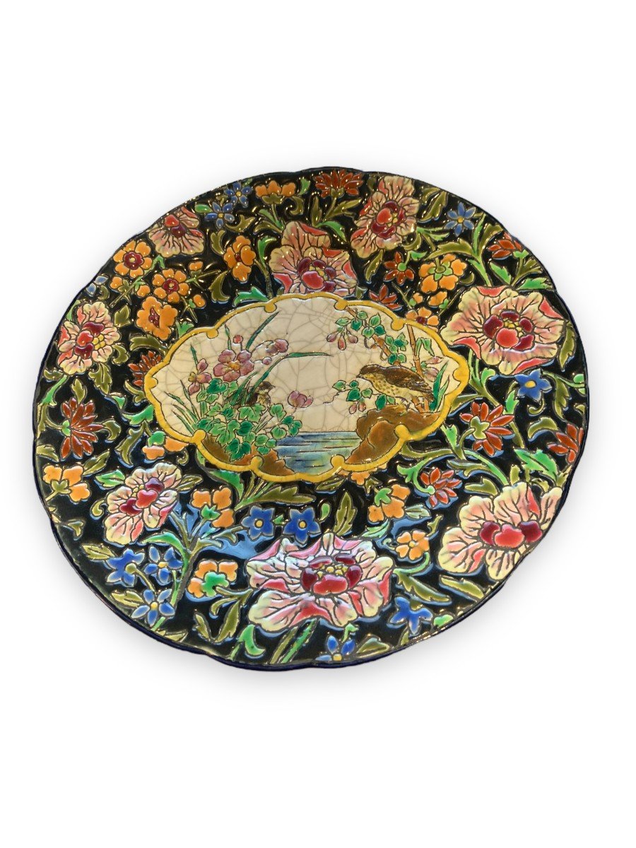 Plate In Earthenware And Longwy Enamels Black Background Decor With Birds-photo-1