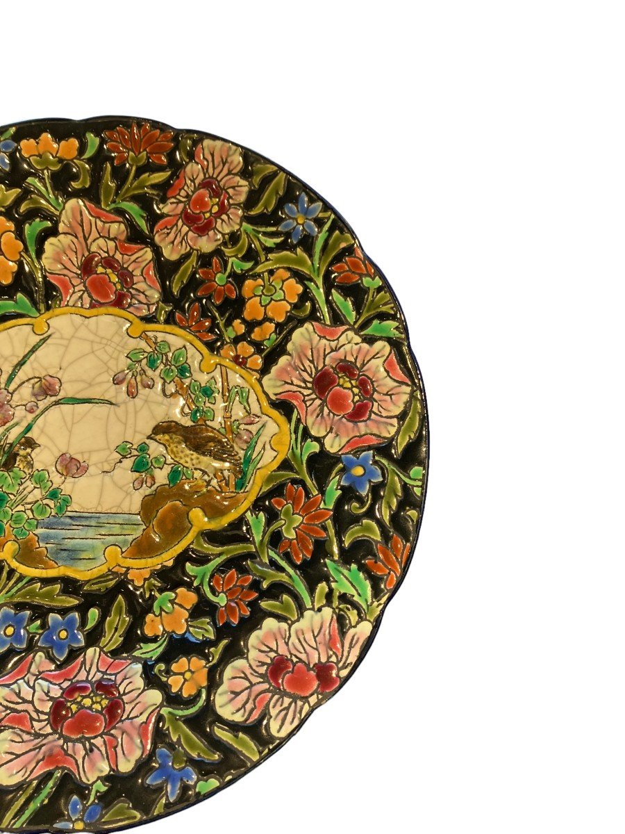 Plate In Earthenware And Longwy Enamels Black Background Decor With Birds-photo-3