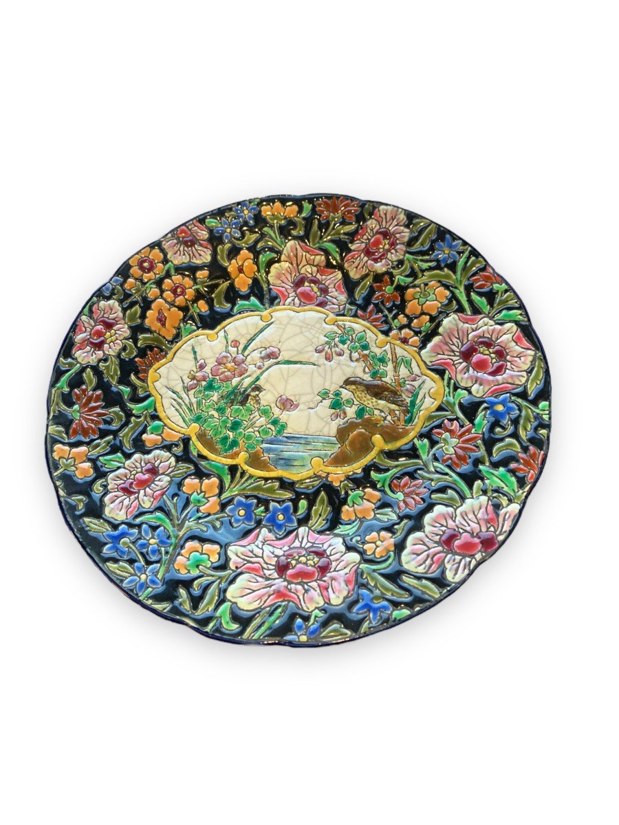 Plate In Earthenware And Longwy Enamels Black Background Decor With Birds
