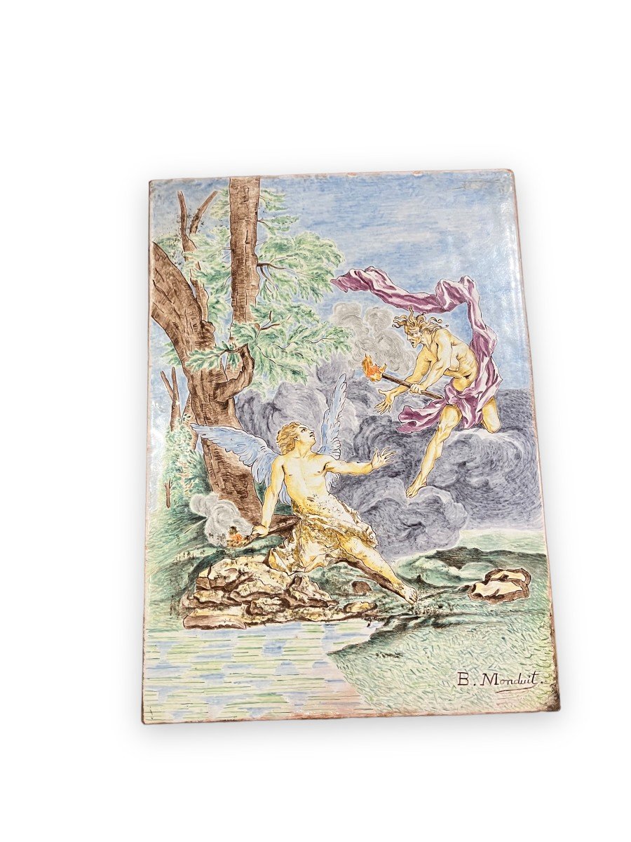 Angel And Demon Polychrome Ceramic Plate By M. Monduit For Maison Pichenot Paris-photo-1