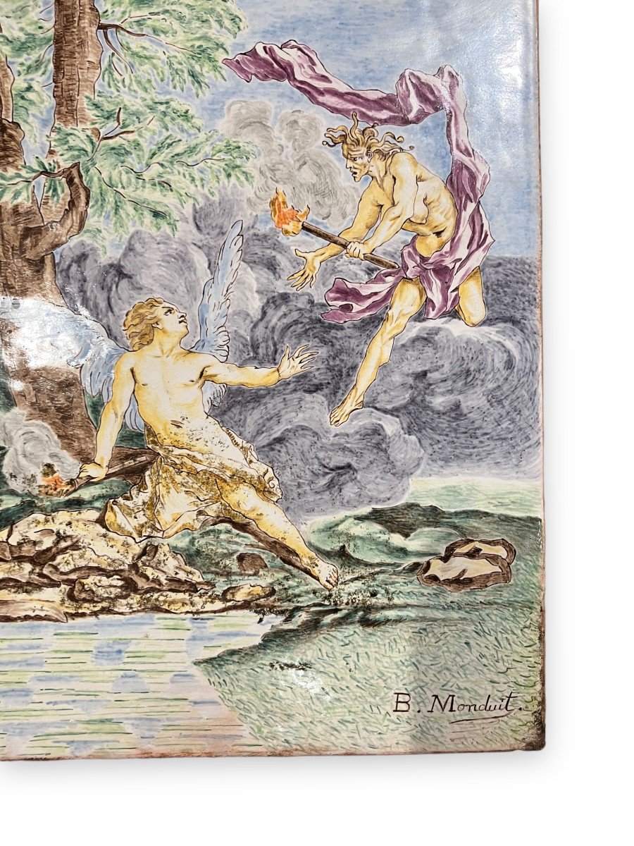 Angel And Demon Polychrome Ceramic Plate By M. Monduit For Maison Pichenot Paris-photo-2