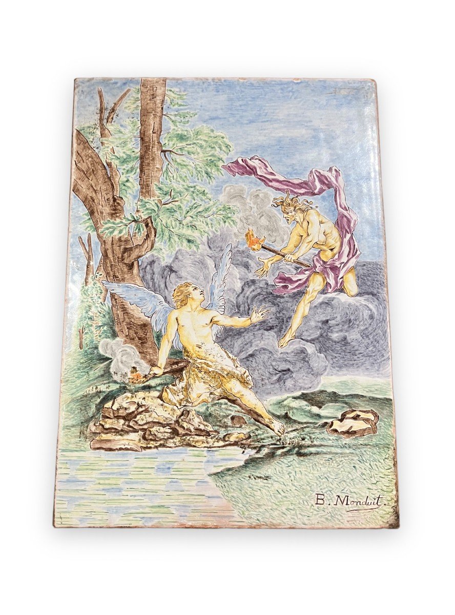 Angel And Demon Polychrome Ceramic Plate By M. Monduit For Maison Pichenot Paris