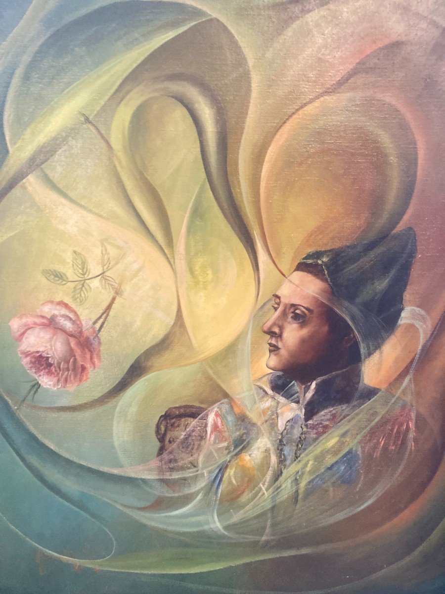 Personnage Arlequin Dans Un Voile Huile Sur Toile XXeme signé HERDIN