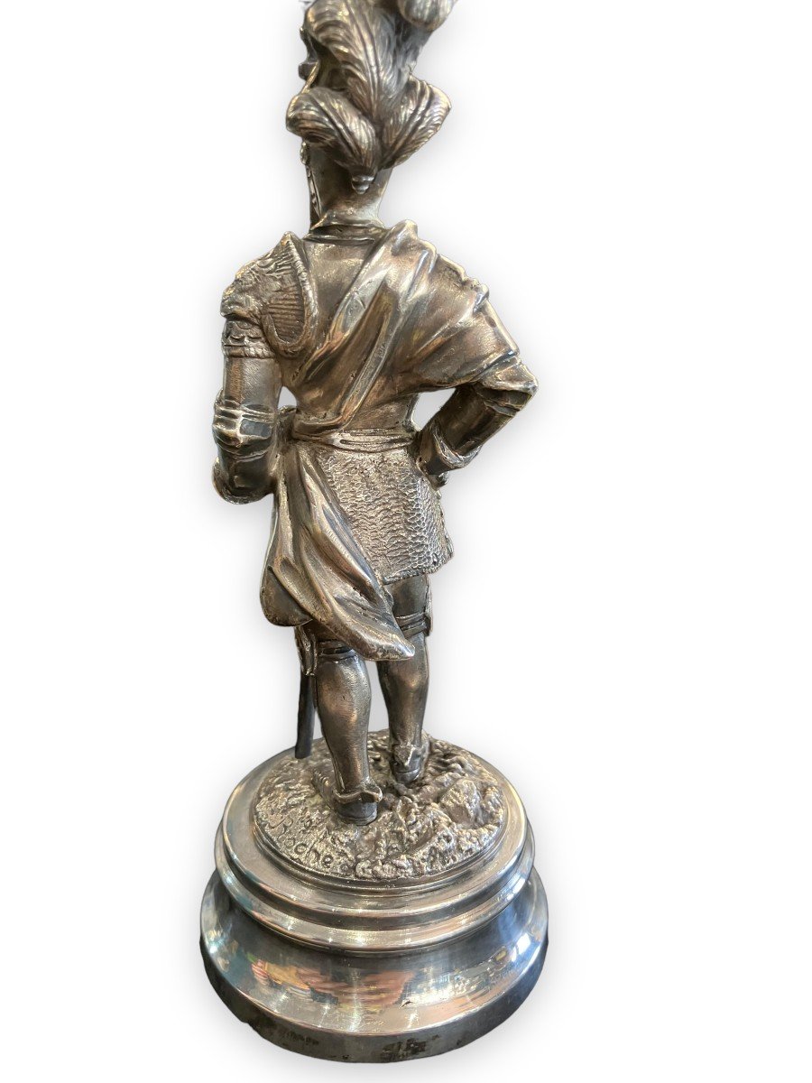 Statuette En Bronze Argenté Conquistador Signé Roche-photo-3