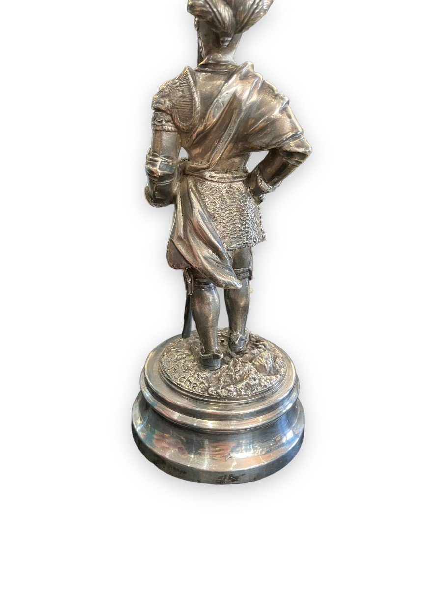 Statuette En Bronze Argenté Conquistador Signé Roche-photo-1