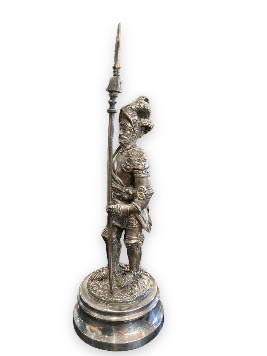 Statuette En Bronze Argenté Conquistador Signé Roche