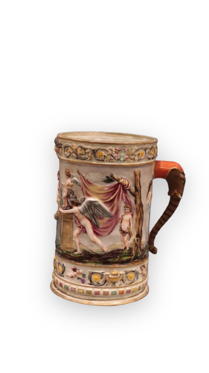 Capodimonte Mug In Polychrome Porcelain Antique Decor And Elephant-photo-1