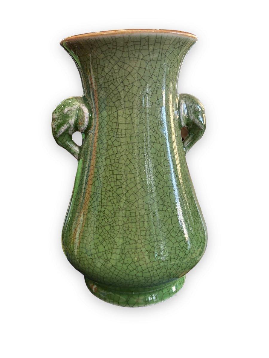 Vase En Céramique Craquelée Verte Anses éléphant Chine XXeme-photo-3