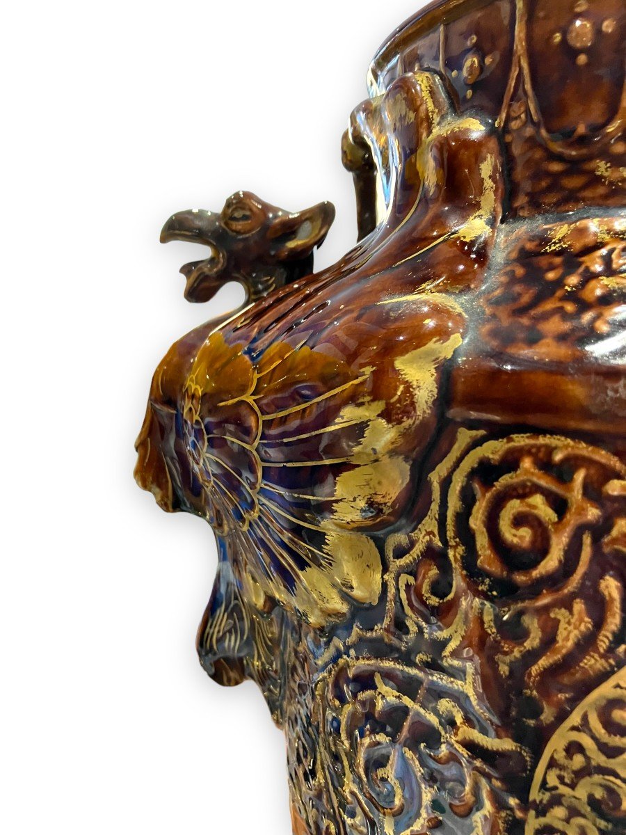 Important Vase Griffons Longchamp En Céramique Mordorée-photo-2