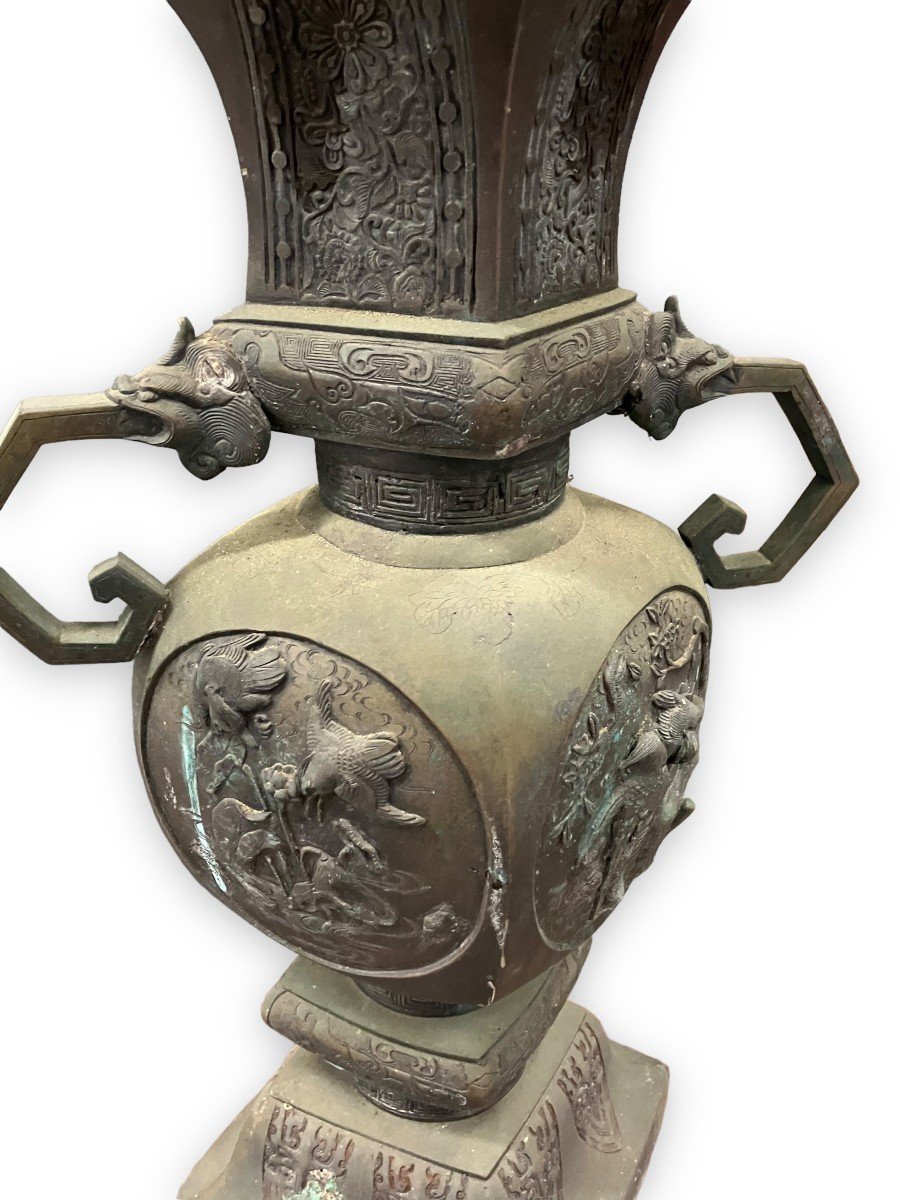 Asian Metal Garden Vase With Geometric Decor And Trendy Birds-photo-3