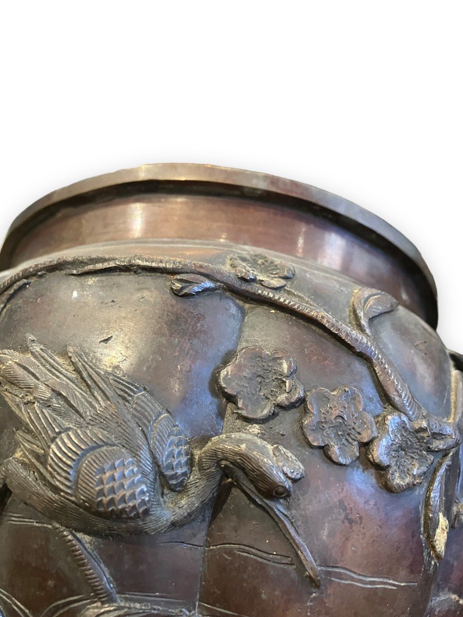 Japanese Bronze Planter Bas Reliefs Of Birds Meiji Nineteenth Time-photo-7