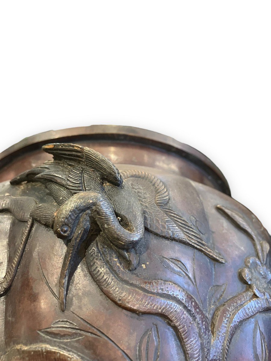 Japanese Bronze Planter Bas Reliefs Of Birds Meiji Nineteenth Time-photo-8