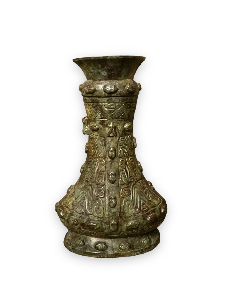 Vase En Bronze Archaïque Chinois Vers 1900 Style De La Dynastie Shang Vessel Gu-photo-4