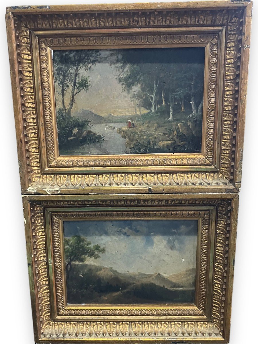 Paire d'Huiles Sur Panneau Paysages Animés XIXeme-photo-2